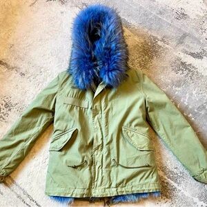 Mr & Mrs Italy Olive Parka with Bright Blue Fur Trim